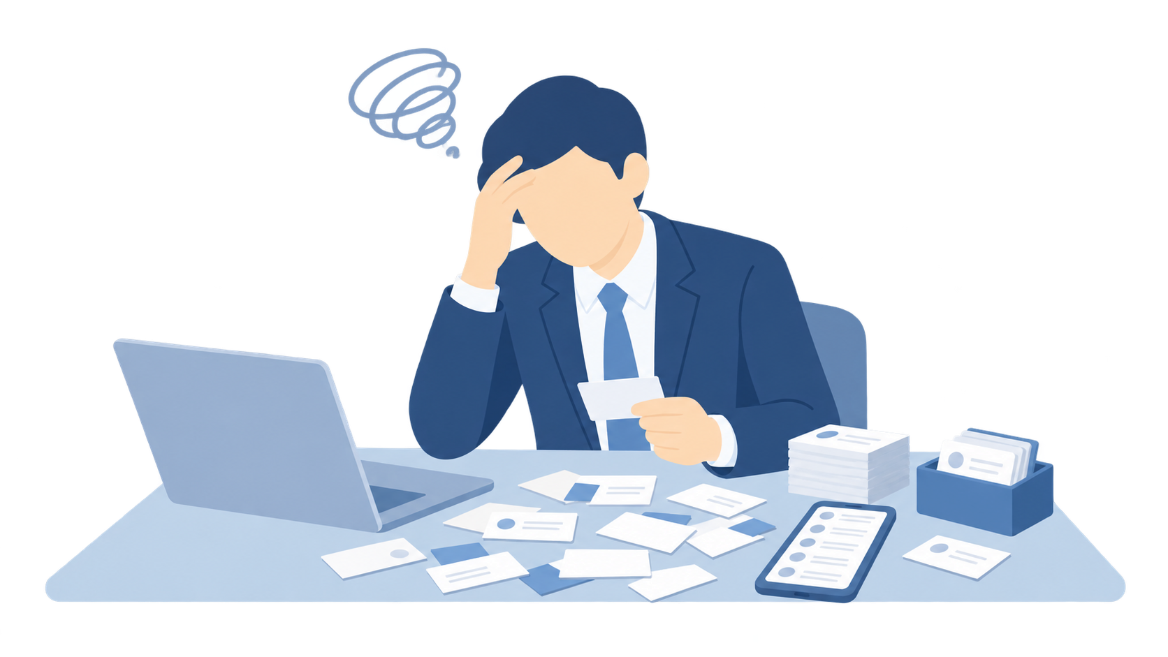 A salesperson facing a pile of cards waiting to be entered